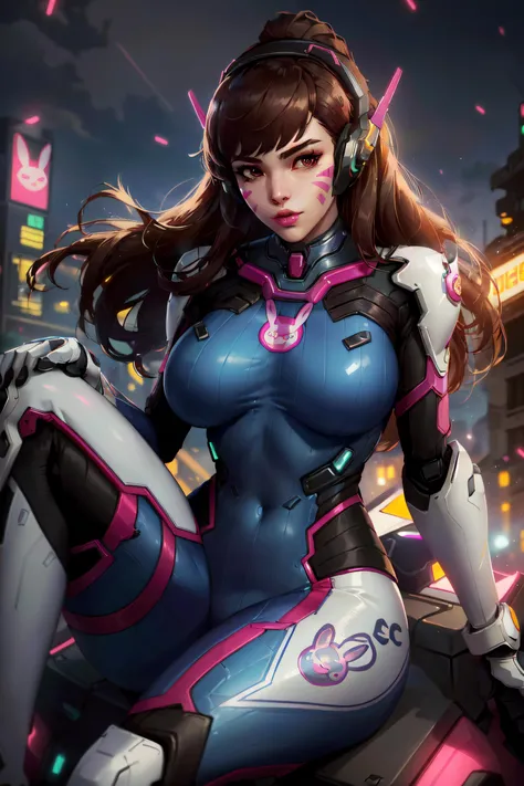 (masterpiece, best quality, ultra detailed, absurdres)1.5, 1girl, (sexy, beautiful woman, perfect face, perfect eyes, perfect female body, huge breasts)1.5, (dvaover, d.va \(overwatch\), long hair, brown hair, swept bangs, headphones, blue bodysuit, ribbed bodysuit, pilot suit, bunny print, v, whisker markings, facepaint, white gloves, facial mark, pink lips, high collar, shoulder pads, <lora:DVaOver:0.7>), (sitting on top of a robot, meka \(overwatch\), robot, science fiction, Korean city in background, night sky), perfect lighting, smooth, hdr