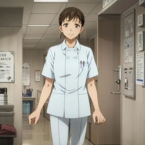 masterpiece,high quality,solo,
<lora:kangofu001:0.7>,looking at viewer,smile,
kangofu,1woman,
nurse,collared shirt,white shirt,short sleeves,
white pants,hospital,walking,