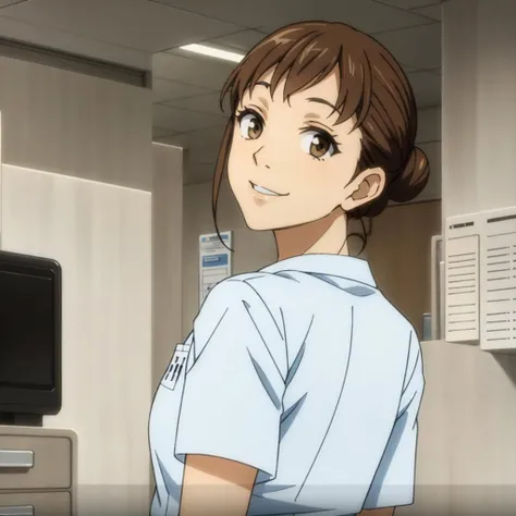 masterpiece,high quality,solo,
<lora:kangofu001:0.7>,looking at viewer,smile,
kangofu,1woman,hair bun,
nurse,
hospital,
looking back,