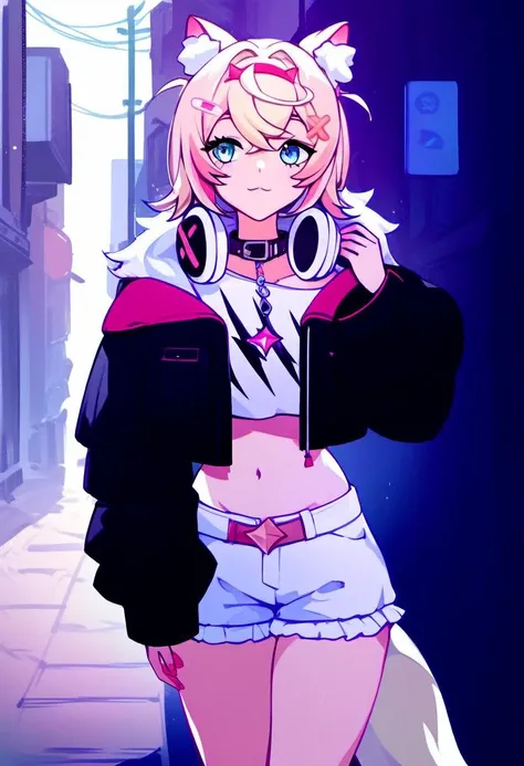 source_cartoon, rating_safe, <lora:Mococo_Abyssgard_for_PonyXL:1>, mococo_abyssgard, tail, black jacket, jacket, solo, navel, shorts, headphones around neck, midriff, crop top, headphones, short shorts, shirt, white shorts, cropped jacket, hair ornament, collar, open jacket, white shirt, outdoors, long sleeves, stomach, city street, sunny day, score_9, score_8_up, score_7_up, score_6_up, score_5_up, score_4_up