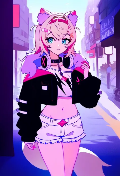 source_anime, rating_safe, <lora:Mococo_Abyssgard_for_PonyXL:1>, mococo_abyssgard, tail, black jacket, solo, navel, headphones around neck, midriff, crop top, short shorts, shirt, white shorts, cropped jacket, hair ornament, collar, open jacket, white shirt, outdoors, long sleeves, stomach, city street, sunny day, score_9, score_8_up, score_7_up, score_6_up, score_5_up, score_4_up