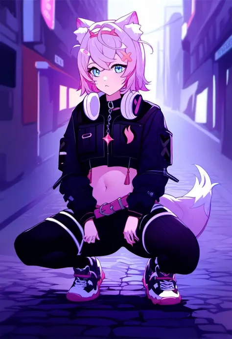 Black Fox, ((Black body, White Body:1.5)), (((masterpiece))), collar, (Dragon Wings:1.45), (headphones:1.4), short hair, black hair, blush, (headphones:1.55), ((Thigh High Socks, Femboy Clothing, Femboy Femboy Thigh Highs:1.2)), ((blue eyes, pink eyes:1.55)), Femboy, full body, paws, ((womb tattoo, glowing tattoo:1.52)), ((guy look like womens:1.52)), (fox tail:1.52), Full HD, 8K, ((short pant, Hoodie crop:1.52)), small breasts