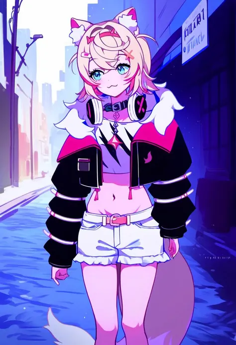 source_anime, rating_safe, <lora:Mococo_Abyssgard_for_PonyXL:1>, mococo_abyssgard, tail, black jacket, solo, navel, headphones around neck, midriff, crop top, short shorts, shirt, white shorts, cropped jacket, hair ornament, collar, open jacket, white shirt, outdoors, long sleeves, stomach, city street, sunny day, score_9, score_8_up, score_7_up, score_6_up, score_5_up, score_4_up