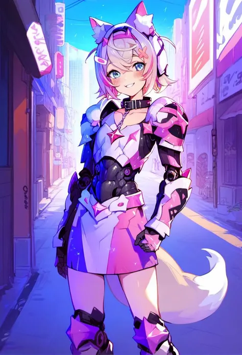 source_cartoon, rating_safe, <lora:Mococo_Abyssgard_for_PonyXL:1>, mococo_abyssgard, scifi, solo, hair ornament, looking at viewer, blush, flat chest, smile, metal fox power armor helmet, metallic fox tail, collar, metallic futuristic power armor dress, streaked hair, city street, score_9, score_8_up, score_7_up, score_6_up, score_5_up, score_4_up