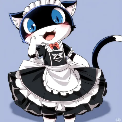 morgana, solo,looking at viewer, teasing, feminine, (uploaded to e621), (maid outfit, maid uniform), in bed, laying down, (hires, uhd, persona 5), (solo_focus, 1boy, solo), deep blush, (teasing, lifting skirt), blue eyes, fangs, open mouth, (smiling), nice penis, (feline penis),  fragile, (dynamic camera), <lora:morgana:0.6>