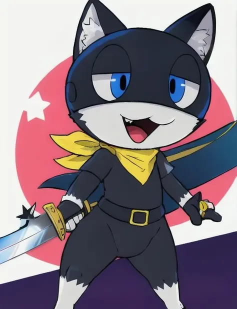 morgana, solo, looking at viewer, smile, blue eyes, gloves, 1boy, animal ears, standing, tail, full body, male focus, belt, cat ears, scarf, grin, cat tail, no humans, cat, red background, hands on hips, (detailed background, anime, jewelpet), (hires, high detail, nsfw), on model, (penis), <lora:morgana-000012:1>