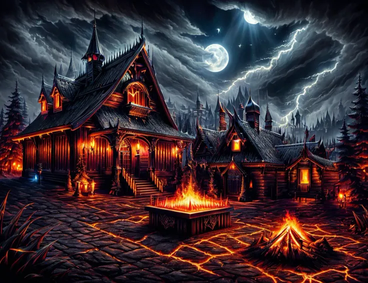 masterpiece illustration, detailed,DonMD347hM374l lumos academy of elemental magic, asphalt shingles roof,fiber cement siding, outdoor fire pit,moonlight, neon lights   <lora:DonMD347hM374l:0.9>