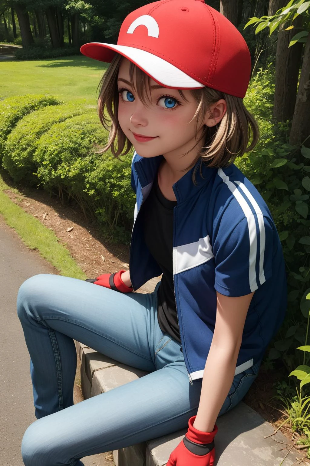 pkmnserena, 1girl, solo, blue eyes, blonde hair, short hair, bangs, hair between eyes, baseball cap, red headwear,
blue jacket, track jacket, popped collar, black shirt, short sleeves, grey pants, jeans, denim, black gloves, fingerless gloves,
smile,closed mouth,cowboy shot,sitting,
forest,outdoor,
(insanely detailed, beautiful detailed face, masterpiece, best quality) cinematic lighting,<lora:PKMN_Serena_Satoshi_v1:1>, <lora:more_details:0.3>,