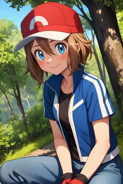 pkmnserena, 1girl, solo, blue eyes, blonde hair, short hair, bangs, hair between eyes, baseball cap, red headwear,
blue jacket, track jacket, popped collar, black shirt, short sleeves, grey pants, jeans, denim, black gloves, fingerless gloves,
smile,closed mouth,cowboy shot,sitting,
forest,outdoor,
(insanely detailed, beautiful detailed face, masterpiece, best quality) cinematic lighting,<lora:PKMN_Serena_Satoshi_v1:1>, <lora:more_details:0.3>,