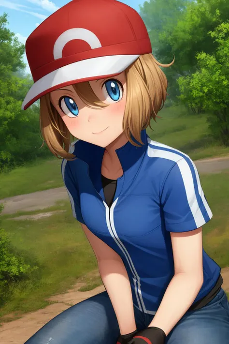 pkmnserena, 1girl, solo, blue eyes, blonde hair, short hair, bangs, hair between eyes, baseball cap, red headwear,
blue jacket, track jacket, popped collar, black shirt, short sleeves, grey pants, jeans, denim, black gloves, fingerless gloves,
smile,closed mouth,cowboy shot,sitting,
forest,outdoor,
(insanely detailed, beautiful detailed face, masterpiece, best quality) cinematic lighting,<lora:PKMN_Serena_Satoshi_v1:1>, <lora:more_details:0.3>,