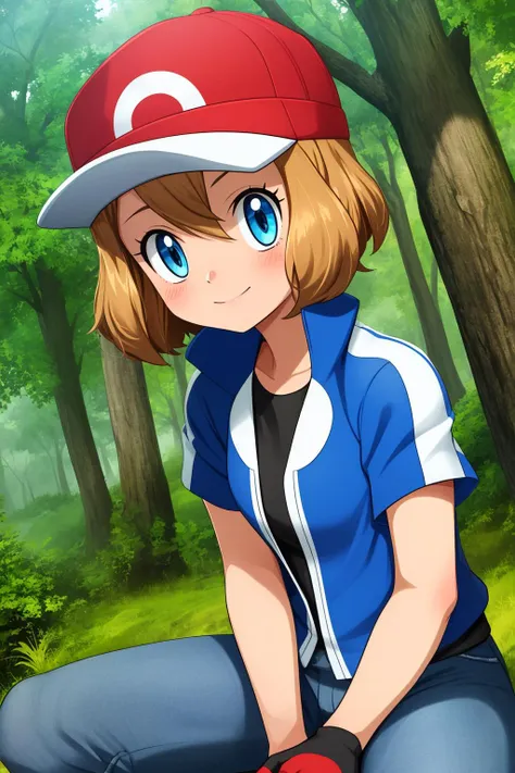 pkmnserena, 1girl, solo, blue eyes, blonde hair, short hair, bangs, hair between eyes, baseball cap, red headwear,
blue jacket, track jacket, popped collar, black shirt, short sleeves, grey pants, jeans, denim, black gloves, fingerless gloves,
smile,closed mouth,cowboy shot,sitting,
forest,outdoor,
(insanely detailed, beautiful detailed face, masterpiece, best quality) cinematic lighting,<lora:PKMN_Serena_Satoshi_v1:1>, <lora:more_details:0.3>,