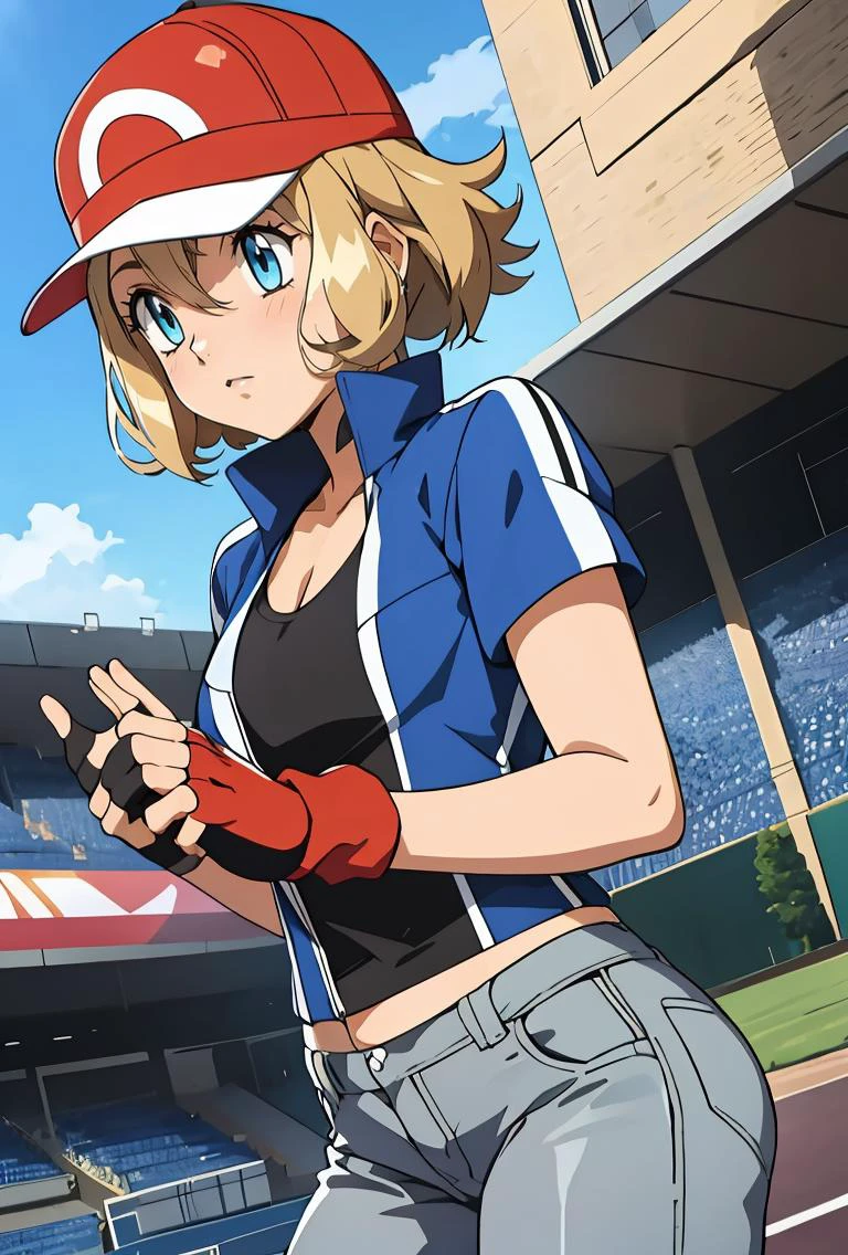 (masterpiece, best quality), 1girl, <lora:PKMN_Serena_Satoshi_v1:0.8> pkmnserena, 1girl, solo, blue eyes, blonde hair, short hair, bangs, hair between eyes, baseball cap, red headwear,, blue jacket, track jacket, popped collar, black shirt, short sleeves, grey pants, jeans, denim, black gloves, fingerless gloves,