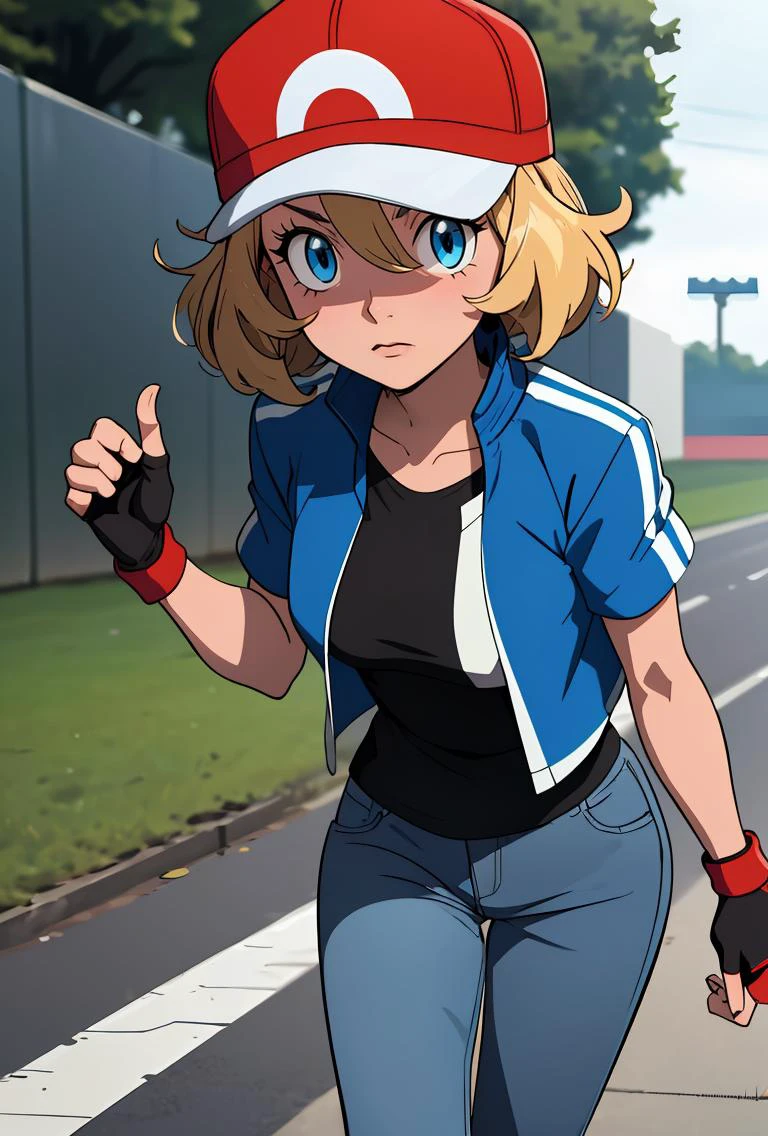 (masterpiece, best quality), 1girl, <lora:PKMN_Serena_Satoshi_v1:0.8> pkmnserena, 1girl, solo, blue eyes, blonde hair, short hair, bangs, hair between eyes, baseball cap, red headwear,, blue jacket, track jacket, popped collar, black shirt, short sleeves, grey pants, jeans, denim, black gloves, fingerless gloves,