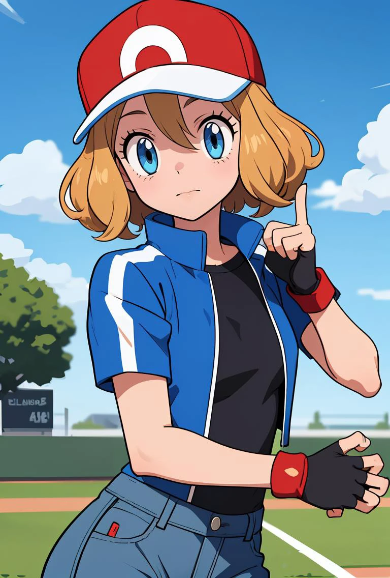 (masterpiece, best quality), 1girl, <lora:PKMN_Serena_Satoshi_v1:0.8> pkmnserena, 1girl, solo, blue eyes, blonde hair, short hair, bangs, hair between eyes, baseball cap, red headwear,, blue jacket, track jacket, popped collar, black shirt, short sleeves, grey pants, jeans, denim, black gloves, fingerless gloves,