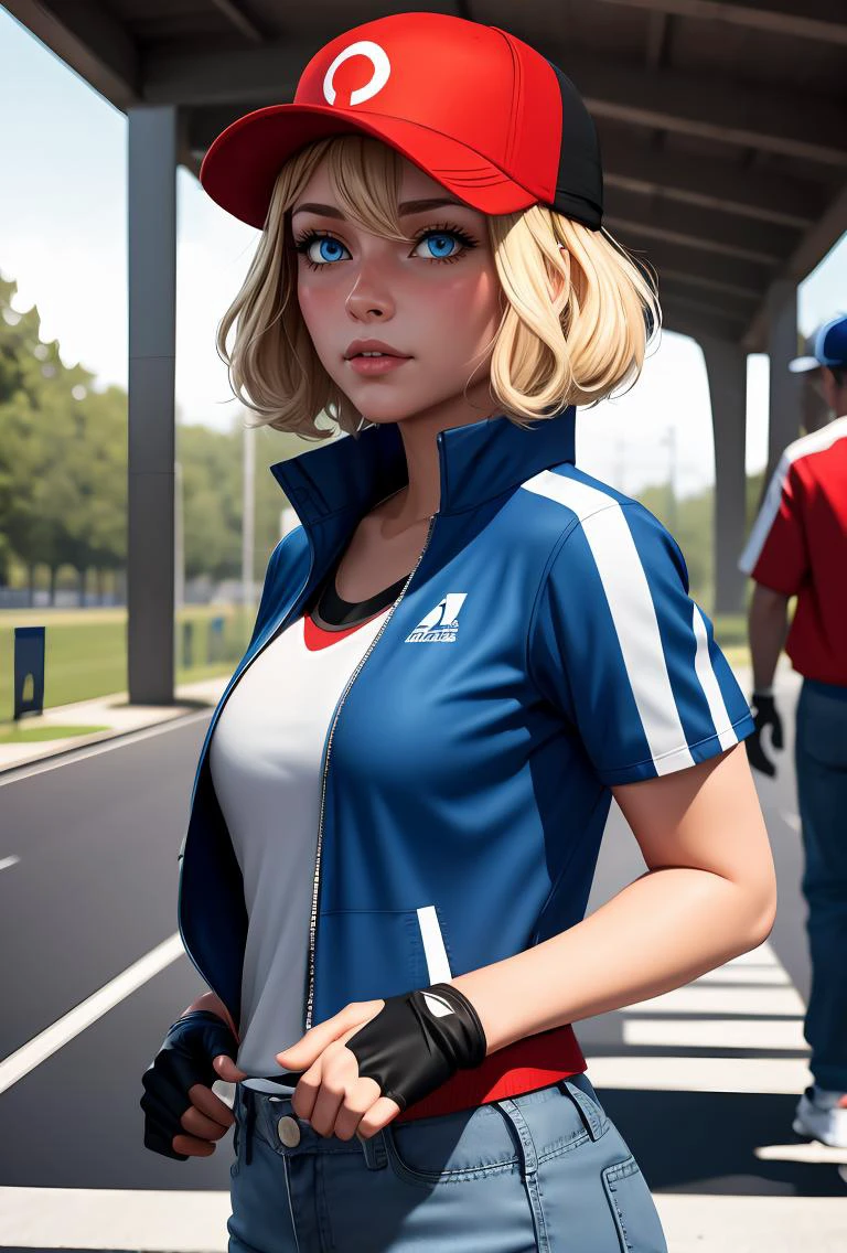 (masterpiece, best quality), 1girl, <lora:PKMN_Serena_Satoshi_v1:0.8> pkmnserena, 1girl, solo, blue eyes, blonde hair, short hair, bangs, hair between eyes, baseball cap, red headwear,, blue jacket, track jacket, popped collar, black shirt, short sleeves, grey pants, jeans, denim, black gloves, fingerless gloves,