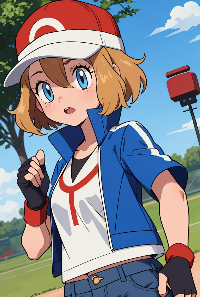 (masterpiece, best quality), 1girl, <lora:PKMN_Serena_Satoshi_v1:0.8> pkmnserena, 1girl, solo, blue eyes, blonde hair, short hair, bangs, hair between eyes, baseball cap, red headwear,, blue jacket, track jacket, popped collar, black shirt, short sleeves, grey pants, jeans, denim, black gloves, fingerless gloves,