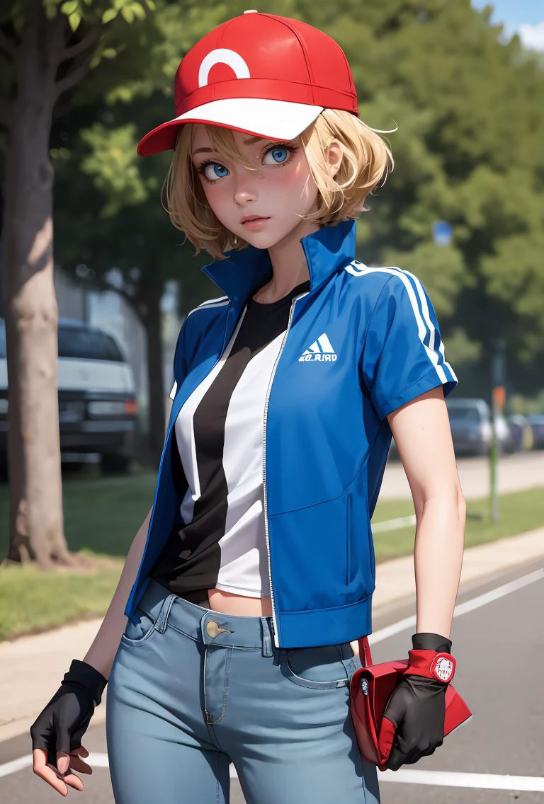 (masterpiece, best quality), 1girl, <lora:PKMN_Serena_Satoshi_v1:0.8> pkmnserena, 1girl, solo, blue eyes, blonde hair, short hair, bangs, hair between eyes, baseball cap, red headwear,, blue jacket, track jacket, popped collar, black shirt, short sleeves, grey pants, jeans, denim, black gloves, fingerless gloves,