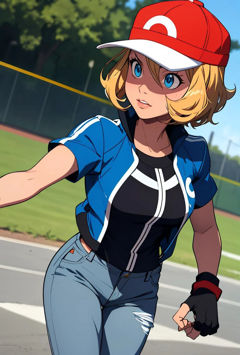 (masterpiece, best quality), 1girl, <lora:PKMN_Serena_Satoshi_v1:0.8> pkmnserena, 1girl, solo, blue eyes, blonde hair, short hair, bangs, hair between eyes, baseball cap, red headwear,, blue jacket, track jacket, popped collar, black shirt, short sleeves, grey pants, jeans, denim, black gloves, fingerless gloves,