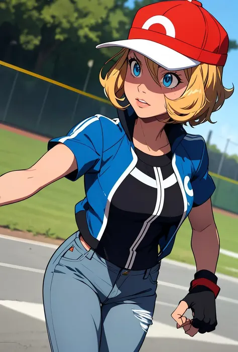 (masterpiece, best quality), 1girl,    <lora:PKMN_Serena_Satoshi_v1:0.8> pkmnserena, 1girl, solo, blue eyes, blonde hair, short hair, bangs, hair between eyes, baseball cap, red headwear,, blue jacket, track jacket, popped collar, black shirt, short sleeves, grey pants, jeans, denim, black gloves, fingerless gloves,