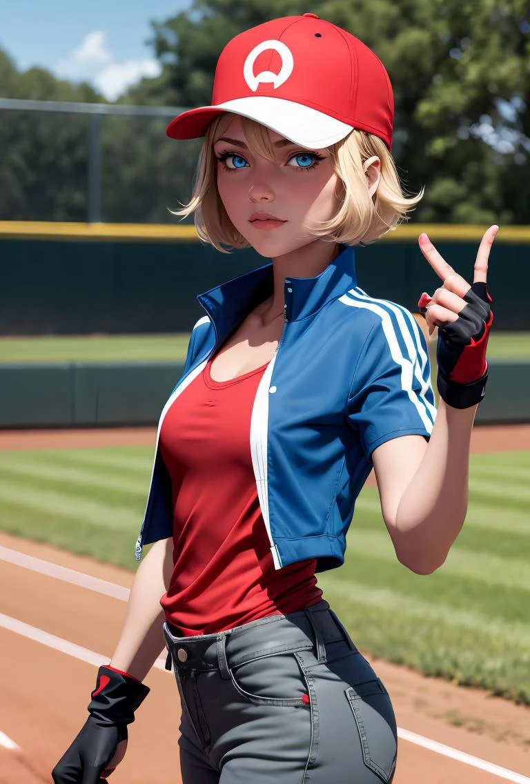 (masterpiece, best quality), 1girl, <lora:PKMN_Serena_Satoshi_v1:0.8> pkmnserena, 1girl, solo, blue eyes, blonde hair, short hair, bangs, hair between eyes, baseball cap, red headwear,, blue jacket, track jacket, popped collar, black shirt, short sleeves, grey pants, jeans, denim, black gloves, fingerless gloves,