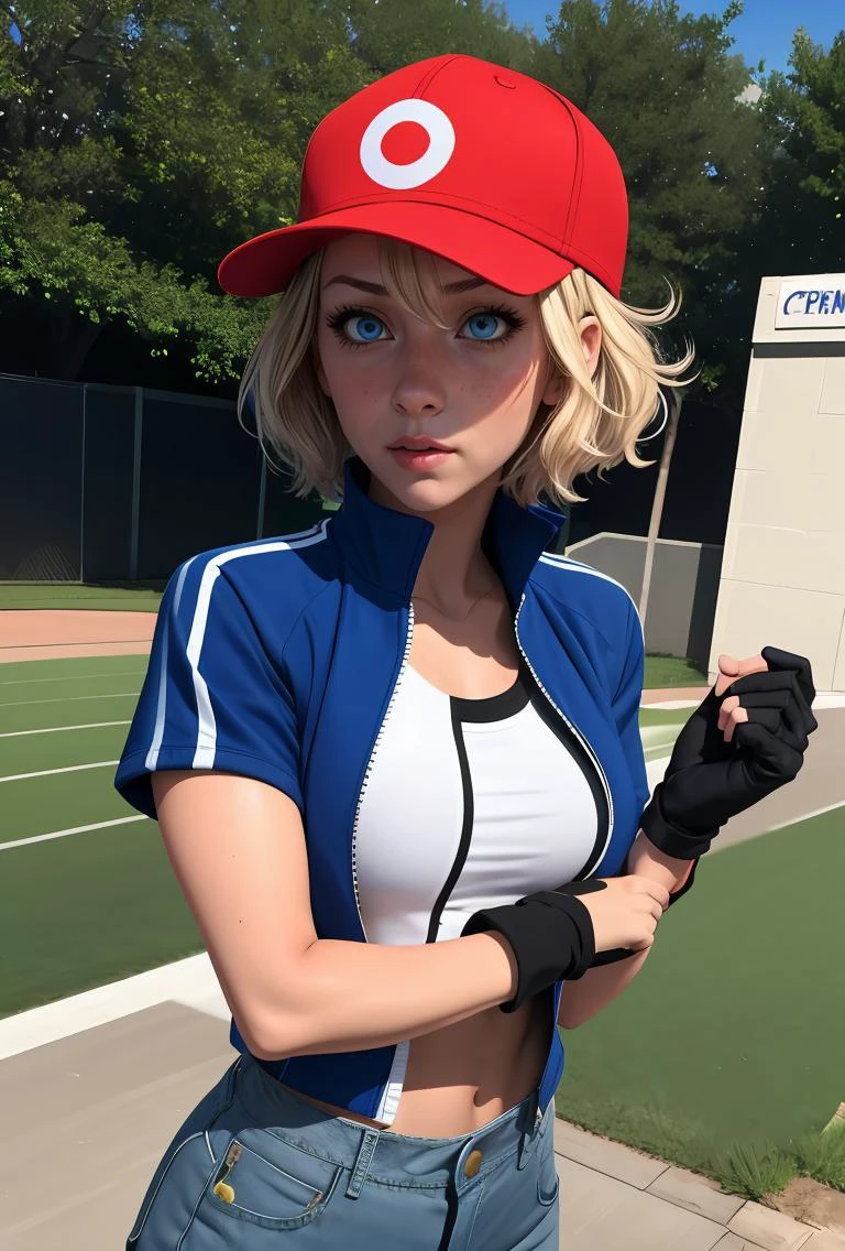 (masterpiece, best quality), 1girl, <lora:PKMN_Serena_Satoshi_v1:0.8> pkmnserena, 1girl, solo, blue eyes, blonde hair, short hair, bangs, hair between eyes, baseball cap, red headwear,, blue jacket, track jacket, popped collar, black shirt, short sleeves, grey pants, jeans, denim, black gloves, fingerless gloves,