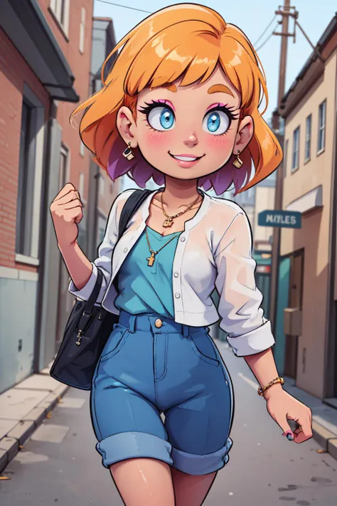 portrait of a pretty woman walking through the city, necklace, ((toon \(style\))), flat color, light smile, ((makeup)), 
masterpiece, best quality, HDR, intricate detail,
 <lora:ohigetan_v0.1:1>