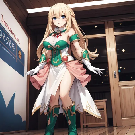 <lora:Vert_NepSer_SD15_1:1>, Vert_NepSer, Vert_Dress, vert /(neptune series/), best quality, highly detailed, 1girl, long hair, blonde hair, hair between eyes, blue eyes, large breasts, frilled gloves, dress, boots, standing, (cyberspace:0.7),