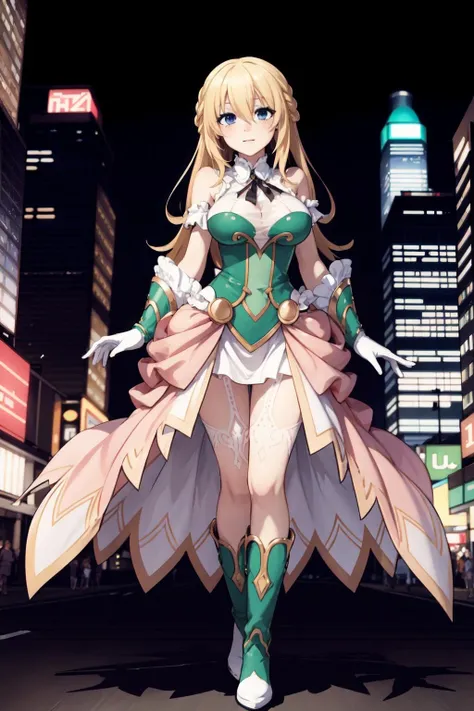 best quality, highly detailed, full body, <lora:Vert_NepSer_SD15_1-000025:1>, Vert_NepSer, Vert_Dress, long hair, blonde hair, hair between eyes, french braid, blue eyes, large breasts, frilled gloves, dress, boots, frills, outside, cyber city, futuristic city