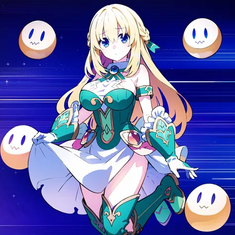 <lora:Vert_NepSer_SD15_1:1>, Vert_NepSer, Vert_Dress, vert /(neptune series/), best quality, highly detailed, 1girl, long hair, blonde hair, hair between eyes, blue eyes, large breasts, frilled gloves, dress, boots, jump (scared:1.2), (surprised:1.1), forest, slime monsters: