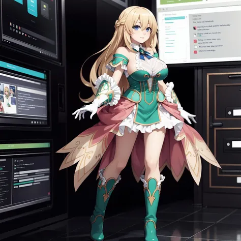 best quality, highly detailed,, 1girl, full body, long hair, blonde hair, hair between eyes, blue eyes, large breasts, frilled gloves, dress, boots, standing, cyberspace, futuristic, <lora:Vert_NepSer_SD15_1:1>, Vert_NepSer, Vert_Dress,