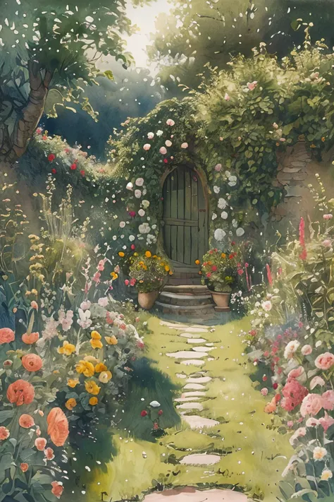 masterpiece,best quality,<lora:tbh131-:0.8>,garden,illustration,painting,style of E. H. Shepard,