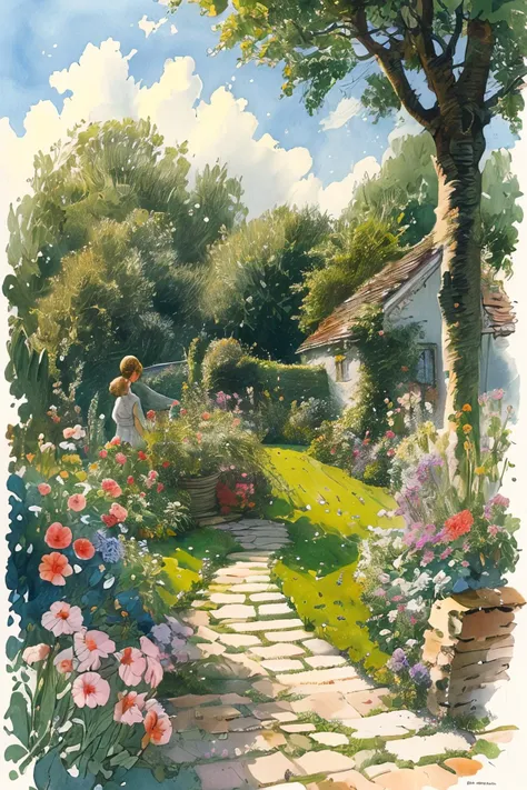 masterpiece,best quality,<lora:tbh131-:0.8>,garden,illustration,painting,style of E. H. Shepard,