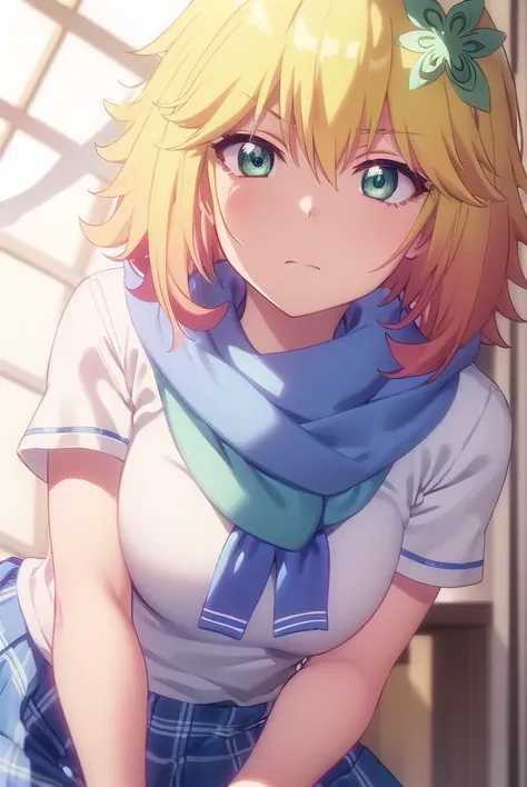 taprissugarbellchisaki, <lora:tapris sugarbell chisaki s1-lora-nochekaiser:1>,
tapris sugarbell chisaki, short hair, blonde hair, hair ornament, (green eyes:1.3), flower, hair flower,
BREAK dress, school uniform, scarf, serafuku, short sleeves,
BREAK indoors, classroom,
BREAK looking at viewer, (cowboy shot:1.5),
BREAK <lyco:GoodHands-beta2:1>, (masterpiece:1.2), best quality, high resolution, unity 8k wallpaper, (illustration:0.8), (beautiful detailed eyes:1.6), extremely detailed face, perfect lighting, extremely detailed CG, (perfect hands, perfect anatomy),