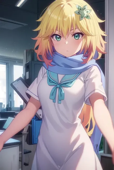 taprissugarbellchisaki, <lora:tapris sugarbell chisaki s1-lora-nochekaiser:1>,
tapris sugarbell chisaki, short hair, blonde hair, hair ornament, (green eyes:1.3), flower, hair flower,
BREAK dress, school uniform, scarf, serafuku, short sleeves,
BREAK indoors, classroom,
BREAK looking at viewer, (cowboy shot:1.5),
BREAK <lyco:GoodHands-beta2:1>, (masterpiece:1.2), best quality, high resolution, unity 8k wallpaper, (illustration:0.8), (beautiful detailed eyes:1.6), extremely detailed face, perfect lighting, extremely detailed CG, (perfect hands, perfect anatomy),