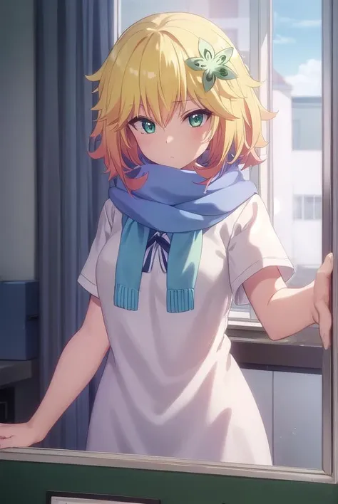 taprissugarbellchisaki, <lora:tapris sugarbell chisaki s1-lora-nochekaiser:1>,
tapris sugarbell chisaki, short hair, blonde hair, hair ornament, (green eyes:1.3), flower, hair flower,
BREAK dress, school uniform, scarf, serafuku, short sleeves,
BREAK indoors, classroom,
BREAK looking at viewer, (cowboy shot:1.5),
BREAK <lyco:GoodHands-beta2:1>, (masterpiece:1.2), best quality, high resolution, unity 8k wallpaper, (illustration:0.8), (beautiful detailed eyes:1.6), extremely detailed face, perfect lighting, extremely detailed CG, (perfect hands, perfect anatomy),