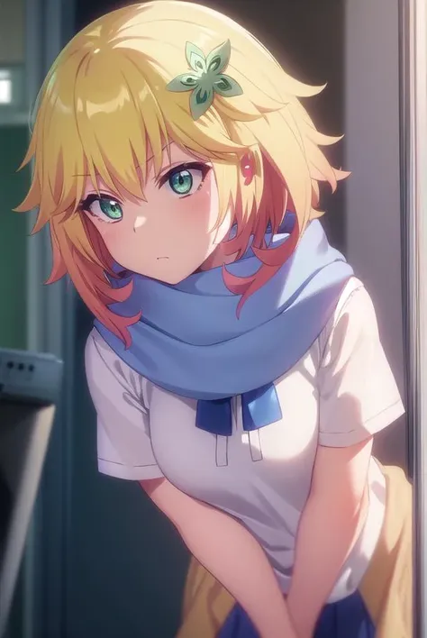 taprissugarbellchisaki, <lora:tapris sugarbell chisaki s1-lora-nochekaiser:1>,
tapris sugarbell chisaki, short hair, blonde hair, hair ornament, (green eyes:1.3), flower, hair flower,
BREAK dress, school uniform, scarf, serafuku, short sleeves,
BREAK indoors, classroom,
BREAK looking at viewer, (cowboy shot:1.5),
BREAK <lyco:GoodHands-beta2:1>, (masterpiece:1.2), best quality, high resolution, unity 8k wallpaper, (illustration:0.8), (beautiful detailed eyes:1.6), extremely detailed face, perfect lighting, extremely detailed CG, (perfect hands, perfect anatomy),