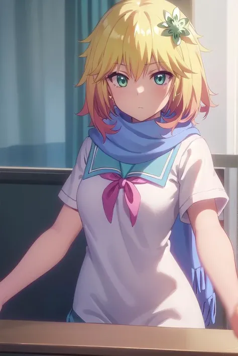 taprissugarbellchisaki, <lora:tapris sugarbell chisaki s1-lora-nochekaiser:1>,
tapris sugarbell chisaki, short hair, blonde hair, hair ornament, (green eyes:1.3), flower, hair flower,
BREAK dress, school uniform, scarf, serafuku, short sleeves,
BREAK indoors, classroom,
BREAK looking at viewer, (cowboy shot:1.5),
BREAK <lyco:GoodHands-beta2:1>, (masterpiece:1.2), best quality, high resolution, unity 8k wallpaper, (illustration:0.8), (beautiful detailed eyes:1.6), extremely detailed face, perfect lighting, extremely detailed CG, (perfect hands, perfect anatomy),