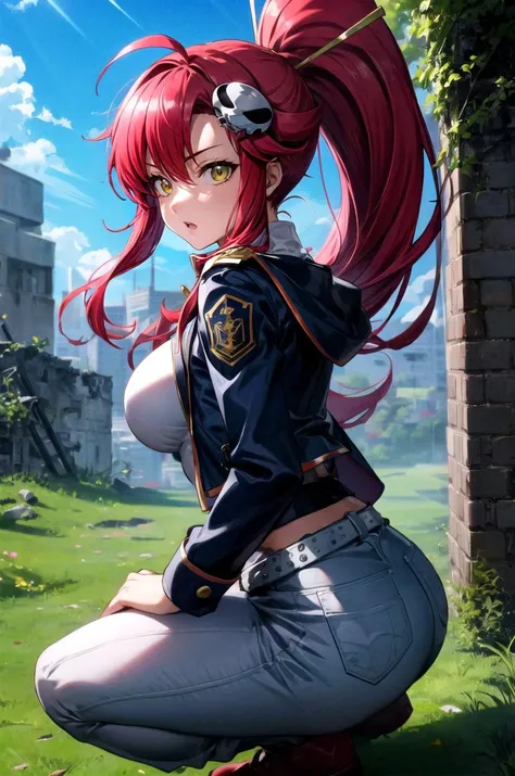 (masterpiece, best quality, detailed), 1girl, solo, yokoli, hair ornament, long hair, ponytail, red hair, yellow eyes, yoko littner,
military uniform, military, soldier, metal, military hat, green jacket, belt, green pants, camouflage, ruins, overgrown, rubble, pillar, outdoors, building, light rays, fog, squatting, from side, from above, serious