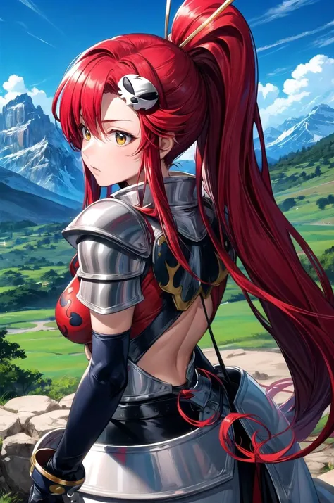(masterpiece, best quality, detailed), 1girl, solo, yokoli, hair ornament, long hair, ponytail, red hair, yellow eyes, yoko littner,
armor, breastplate, shoulder armor, gloves, armored dress, cape, outdoors, mountain, castle, fantasy, scenery, sky, looking back, from behind, serious