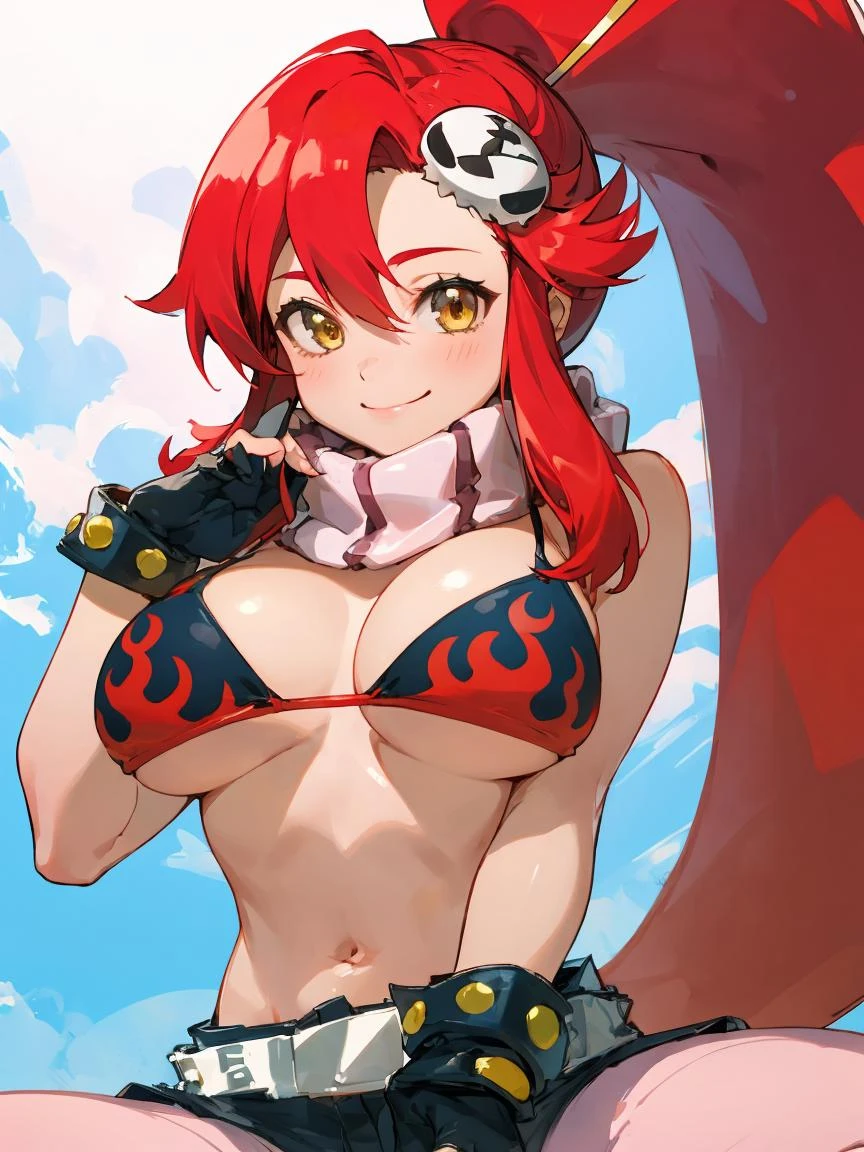 <lora:YokoLi-000018:1> , 1girl, bikini, breasts, gloves, flame print, hair ornament, long hair, ponytail, red hair, scarf, shorts, smile, yellow eyes, yoko littner, yokoli, best quality, masterpiece, sky,