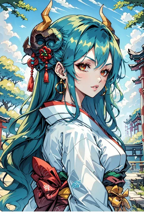 furrydskstyle, 1girl, solo, long hair, looking at viewer, hair ornament, brown eyes, jewelry, blue hair, upper body, multicolored hair, earrings, outdoors, parted lips, japanese clothes, green hair, horns, sky, day, cloud, kimono, from side, tree, blue sky, lips, aqua hair, oni, hoop earrings, white kimono, hair stick, curled horns, red horns, masterpiece, best quality , official art , <lora:furry_SD15:0.8>