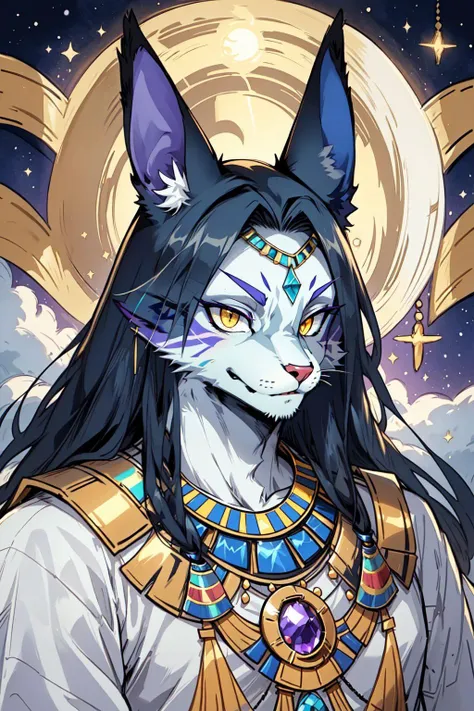 furrydskstyle, solo, 1boy, animal ears, no humans, sphynx, jewelry, closed mouth, yellow eyes, upper body, male focus, sky, colored skin, moon, slit pupils, furry, furry male, purple skin, egyptian clothes, masterpiece, best quality , official art , <lora:furry_SD15:0.8>