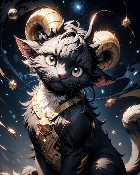 masterpiece, best quality, extremely detailed, fantasy, kitten, (cute:1.1), black cat, golden eyes, (vertical pupils:1.1), cat with horns, (horns:1.4), golden horns, no humans, cinematic lighting, cosmic background, starry sky, <lora:furry_SD15:0.8>, furrydskstyle, <lora:add_detail:0.8>