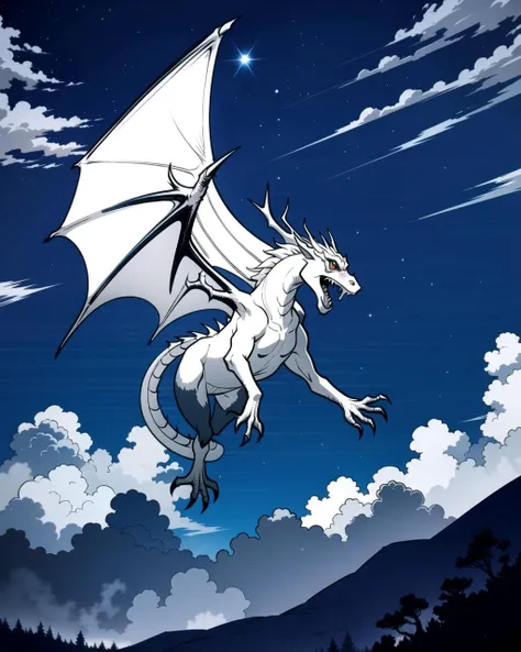 ((masterpiece), best quality, high quality, professional quality, highly detailed, highres, perfect lighting, natural lighting), ((masterpiece), best quality, high quality, professional quality, highly detailed, highres, perfect lighting, natural lighting), silver dragon, flying in sky, clouds, night