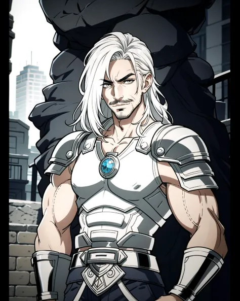 ((masterpiece), best quality, high quality, professional quality, highly detailed, highres, perfect lighting, natural lighting), (1boy, muscular, handsome, mustache, medium length hair, white hair), wearing armor, casting a spell, outdoors