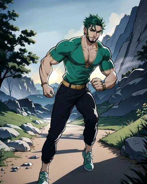 ((masterpiece), best quality, high quality, professional quality, highly detailed, highres, perfect lighting, natural lighting), (1boy, muscular, handsome, no facial hair, short hair, green hair), wearing fantasy clothing, running, outdoors