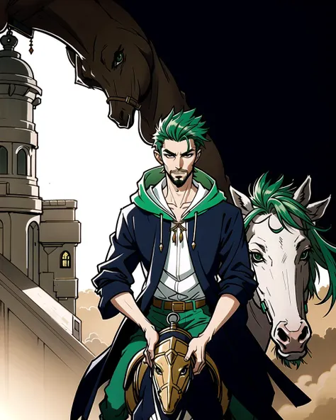 ((masterpiece), best quality, high quality, professional quality, highly detailed, highres, perfect lighting, natural lighting), (1boy, slender, handsome, facial hair, short hair, green hair), wearing wizard robes, riding a horse, in a fantasy town