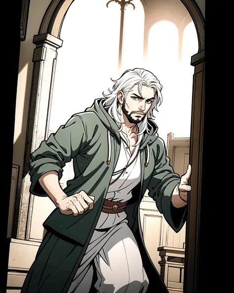 ((masterpiece), best quality, high quality, professional quality, highly detailed, highres, perfect lighting, natural lighting), (1boy, overweight, handsome, no facial hair, medium length hair, white hair), wearing wizard robes, running, in a castle