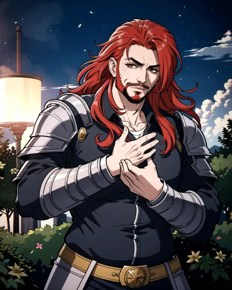 ((masterpiece), best quality, high quality, professional quality, highly detailed, highres, perfect lighting, natural lighting), (1boy, overweight, handsome, facial hair, long hair, red hair), wearing armor, casting a spell, outdoors