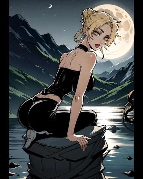 ((masterpiece), best quality, high quality, professional quality, highly detailed, highres, perfect lighting, natural lighting), ghastly, Monstrous statue perched on a ledge, Tan Skin, Blonde with a fishtail braid and a messy bun, brown velvet lipstick, A moonlit lake with a silhouette lurking just beneath the surface